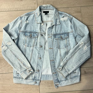 Forever 21 Denim Jacket Light Blue Men's Size M Distressed Button Front Collared
